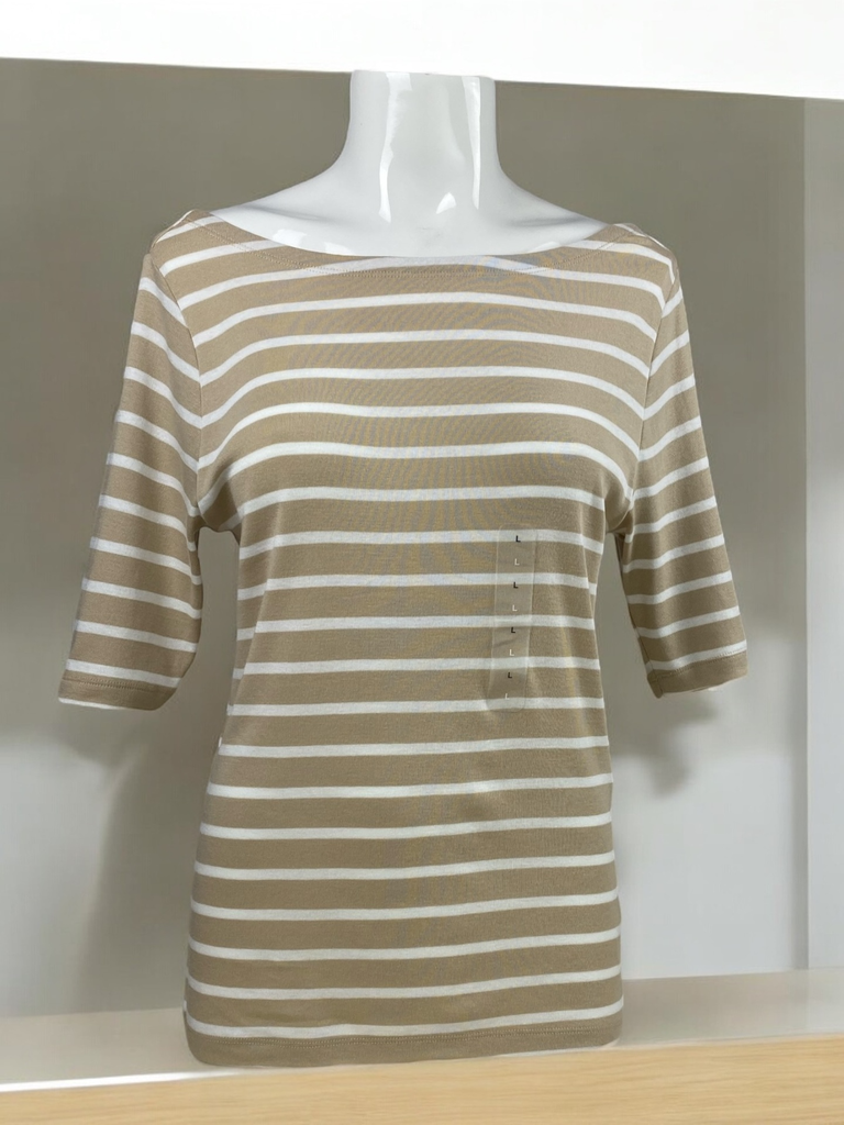 BLUSA LARGA, MARGA 3/4, TEXTURA DE RAYAS CAFÉ CON BLANCO 